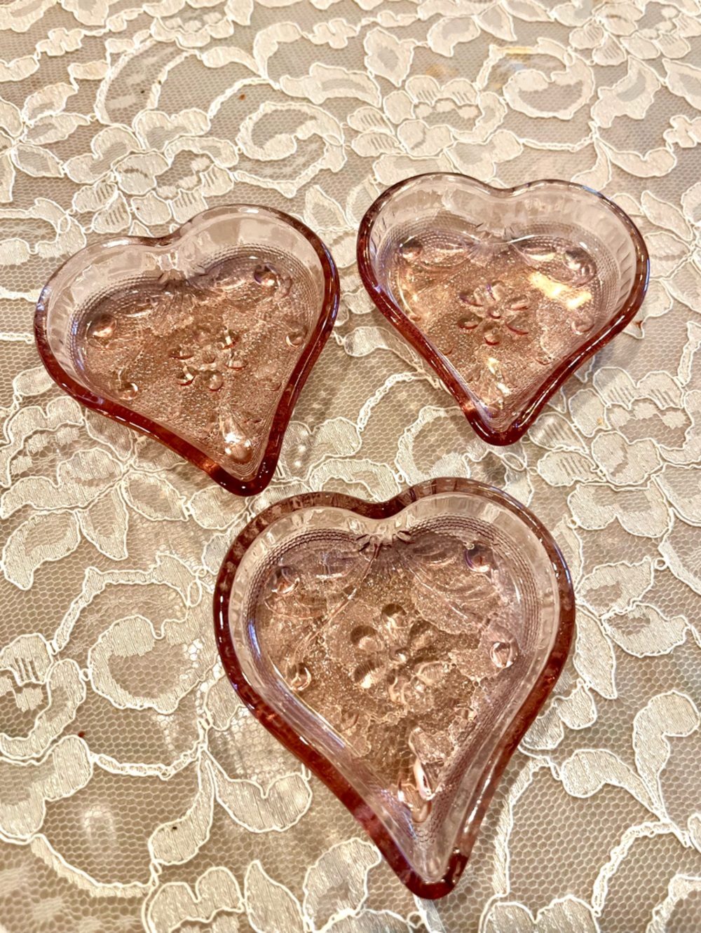 Vintage Tiara Pink Heart Glass Dishes - Set of 3